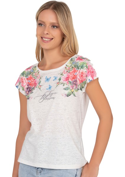 Özkan 25792 Kadın Viskon Premium Kumaş Kısa Kollu Örme Bluz Önü Baskılı Likralı modelleri