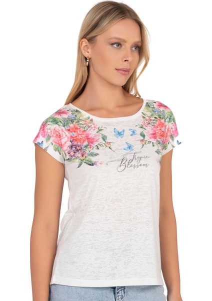 Özkan 25792 Kadın Viskon Premium Kumaş Kısa Kollu Örme Bluz Önü Baskılı Likralı fırsatları