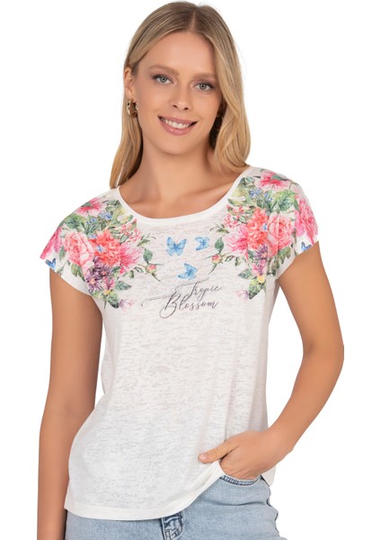 Özkan 25792 Kadın Viskon Premium Kumaş Kısa Kollu Örme Bluz Önü Baskılı Likralı indirimleri