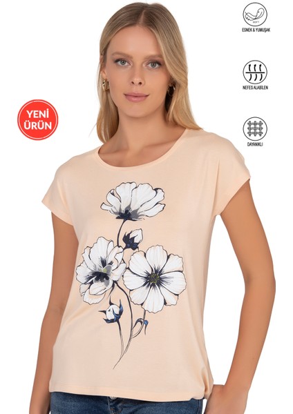 Özkan 26533 Kadın Vorteks Viskon Premium Kumaş Önü Çiçek Baskılı Kısa Kollu Örme Bluz