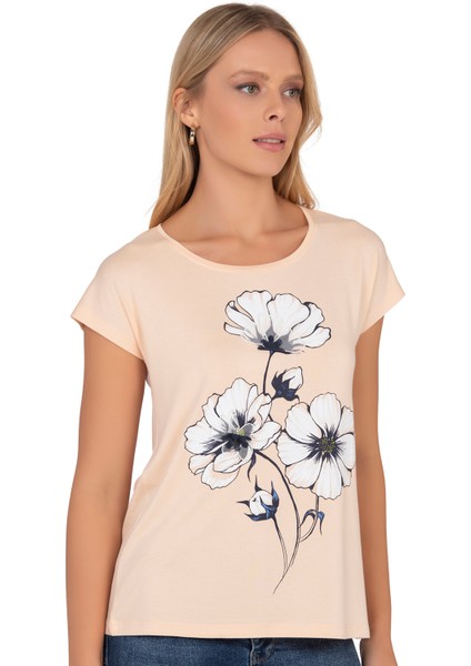 Özkan 26533 Kadın Vorteks Viskon Premium Kumaş Önü Çiçek Baskılı Kısa Kollu Örme Bluz fırsatları