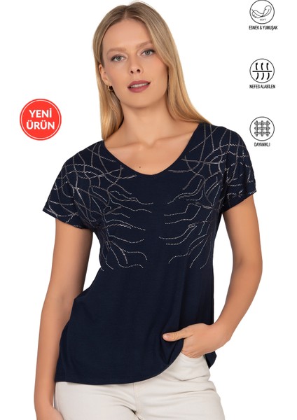 Özkan 25908 Kadın Vorteks Viskon Premium Kumaş Taş Detaylı Likralı Kısa Kollu Örme Bluz