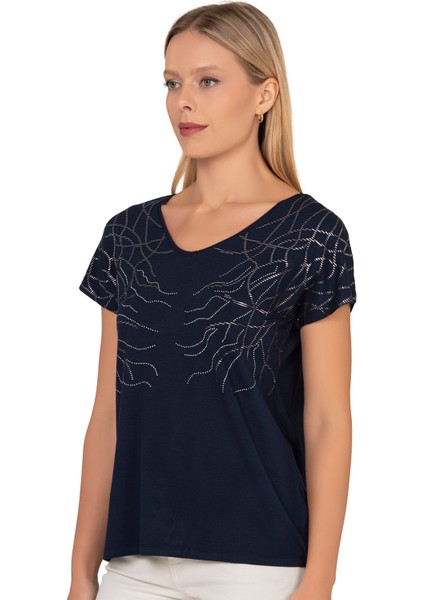 Özkan 25908 Kadın Vorteks Viskon Premium Kumaş Taş Detaylı Likralı Kısa Kollu Örme Bluz modelleri