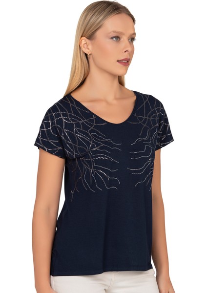 Özkan 25908 Kadın Vorteks Viskon Premium Kumaş Taş Detaylı Likralı Kısa Kollu Örme Bluz fırsatları