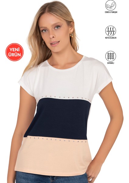 Özkan 25874 Kadın Vorteks Viskon Premium Kumaş Taş Detaylı Kısa Kollu Örme Bluz