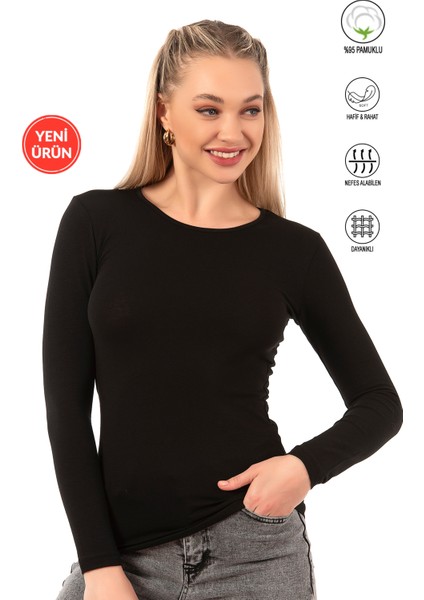 Özkan 26553 Kadın %95 Pamuklu Süprem Likralı Esnek Rahat Bisiklet Yaka Uzun Kollu Bluz