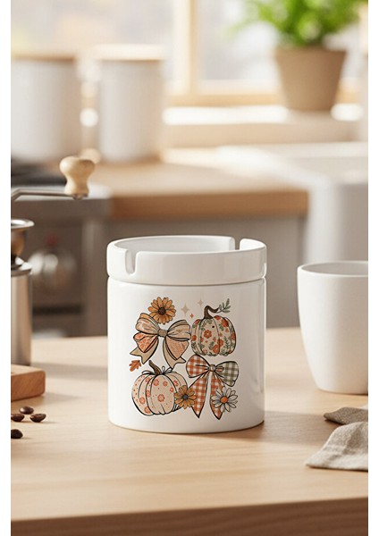 Sonbahar Teması Pumpkin Couqette Baskılı Seramik Kapaklı Kokusuz Küllük