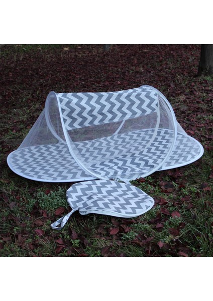 Çantalı Katlanabilir Bebek Cibinlik Gölgelik Çadırı 60X120 cm Gri Zigzag Desenli Sinek ve Haşere Koruma