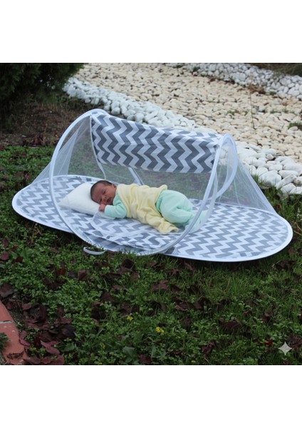 Çantalı Katlanabilir Bebek Cibinlik Gölgelik Çadırı 60X120 cm Gri Zigzag Desenli Sinek ve Haşere Koruma indirimleri