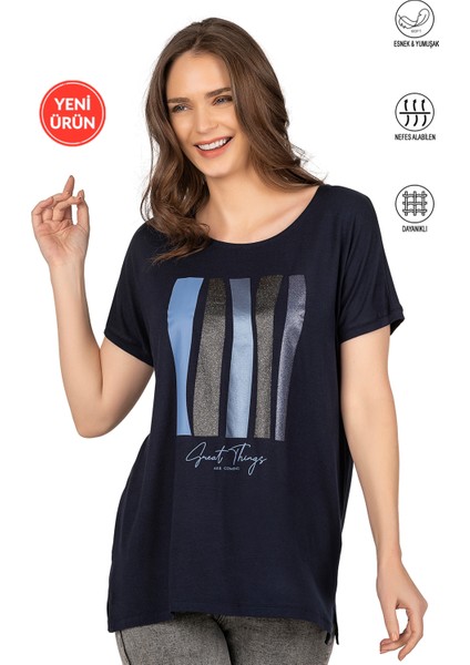 Özkan 26999 Kadın Premium Kumaş Önü Baskılı Likralı Yırtmaç Detaylı Örme Bluz