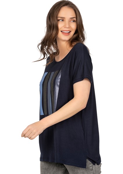 Özkan 26999 Kadın Premium Kumaş Önü Baskılı Likralı Yırtmaç Detaylı Örme Bluz modelleri