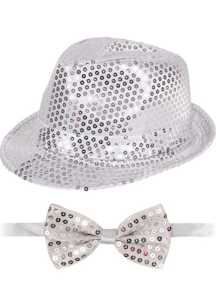 Bfs Gümüş Payetli Şapka ve Papyon Seti – Parıltılı Yetişkin Kostüm Seti