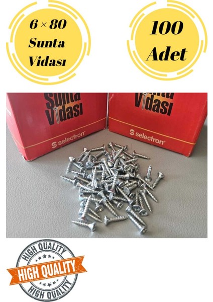 Selectron 6X80 Sunta Vidası Sivri Uçlu Ahşap Tahta Ağaç Mobilya Ayak Kulp Vidası 100 Adet