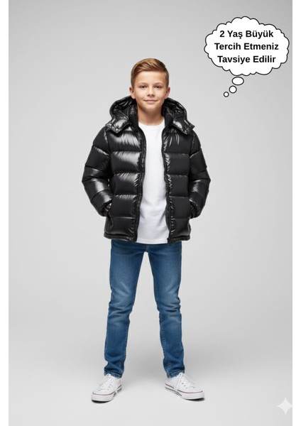 Erkek Çocuk Kapüşonlu Cepli Parlak Şişme Mont
