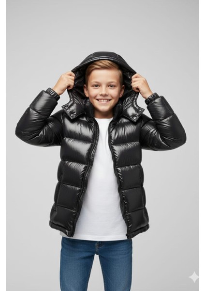 Erkek Çocuk Kapüşonlu Cepli Parlak Şişme Mont fırsatları