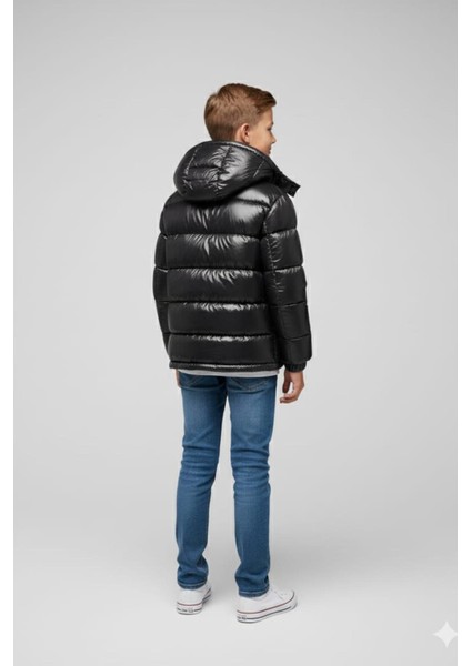 Erkek Çocuk Kapüşonlu Cepli Parlak Şişme Mont