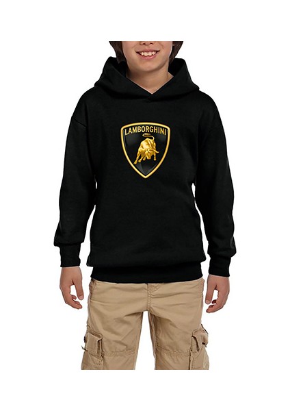 Lamborghni Logo 2 Siyah Çocuk Kapşonlu Sweatshirt