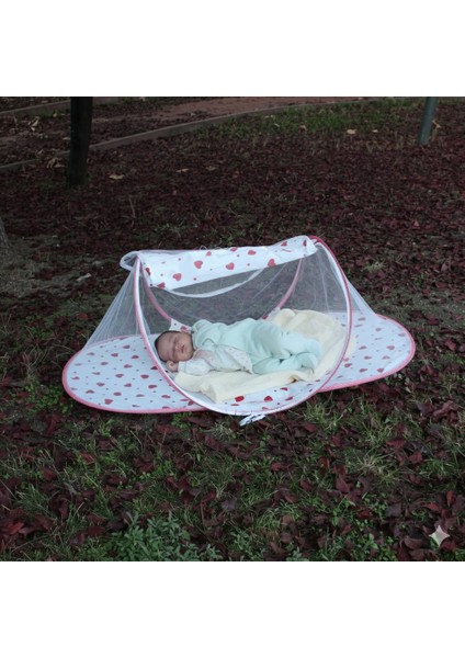 Çantalı Katlanabilir Bebek Cibinlik Gölgelik Çadırı 60X120 cm Kalp Desenli, Sinek ve Haşere Koruma