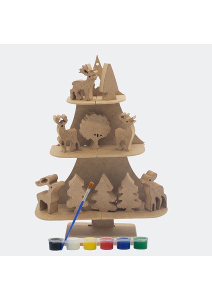 YS53 Boyanabilir Çocuk Okul Öncesi 3 Katlı Yılbaşı Ağacı Ahşap Masaüstü Yılbaşı Dekoru ve Boyama Süsü