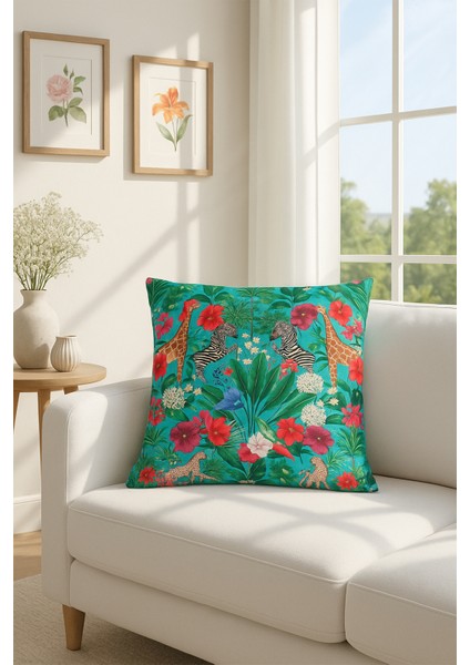 Kadife Kırlent Kılıfı Zoo Yeşil Pembe V1 50X50