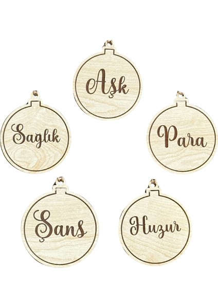 Bakgelal Ahşap Yılbaşı Ağacı Dilek Süsü Seti 5’li | Aşk, Sağlık, Para, Şans, Huzur Temalı Doğal Ahşap Yeni Yıl Ağaç Süsü