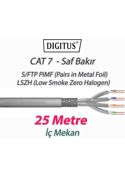 Cat7 - 25 Metre Saf Bakır S/ftp Pımf (Pairs In Metal Foil) Data İnternet Kablosu Gri