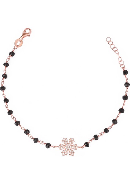 Zirkon Taşlı Pırlanta Montür Rose Altın Kaplama Siyah Rosary Papatya Gümüş Bileklik