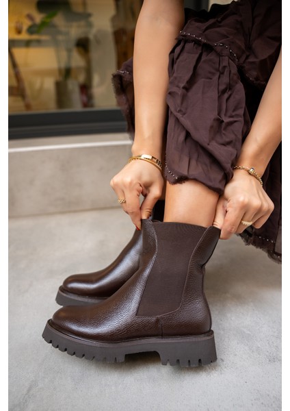 Audrey Acı Kahve Lastikli Hakiki Deri Bot - Acı Kahve