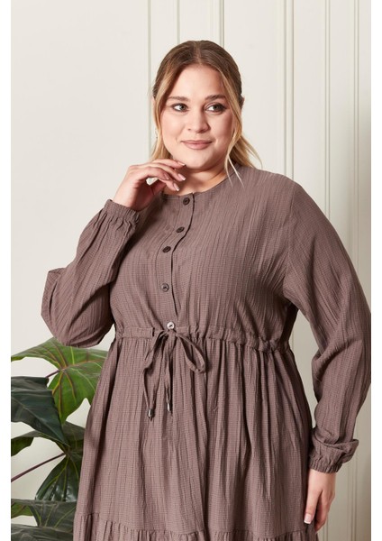 Kadın Büyük Beden Gofre Kumaş Elbise