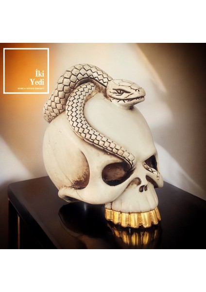 Yılan Figürlü Kurukafa Objesi Masa Üstü Dekoratif Obje Sıradışı Hediyelik Eşya Ev Ofis Dekorasyonu