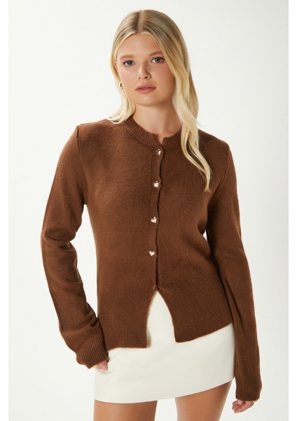 Kadın Donna Yumuşak Dokulu Kalp Düğmeli Kahverengi Triko Hırka