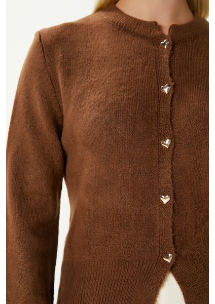Kadın Donna Yumuşak Dokulu Kalp Düğmeli Kahverengi Triko Hırka modelleri