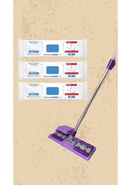 Mop Easy Clean Çamaşır Suyu Katkılı Mopa Uyumlu Yer Temizlik Havlusu 50 Yaprak 3 Paket Mop Seti