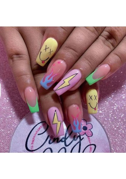 Renkli Desenli Uzun Düz Takma Tırnak Seti (24 Adet)