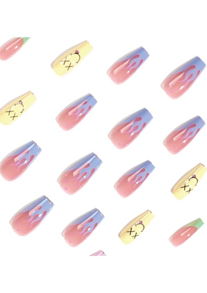 Renkli Desenli Uzun Düz Takma Tırnak Seti (24 Adet) modelleri