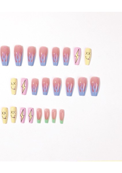 Renkli Desenli Uzun Düz Takma Tırnak Seti (24 Adet) fırsatları