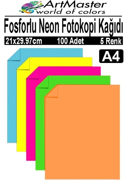 Fosforlu Neon Renkli A4 Fotokopi Kağıdı 100 Adet 1 Paket 21X29.7 cm Fosforlu 5 Renk Parlak Canlı Renkler Neon Fotokopi