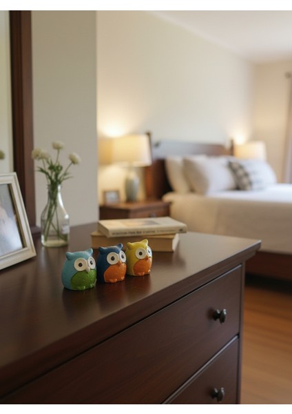 Üç Bilge Baykuş Seti-Renkli Dostlar Baykuş Seti-3’lü Dekoratif Mini Set - Mavi-Lacivert-Sarı 4*4