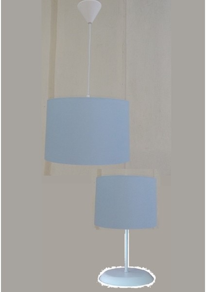 Mavi Kumaş Kaplama 2.li Set M-470 Yatak Odası Genç ve Çocuk Odası Avize ve Abajur Seti