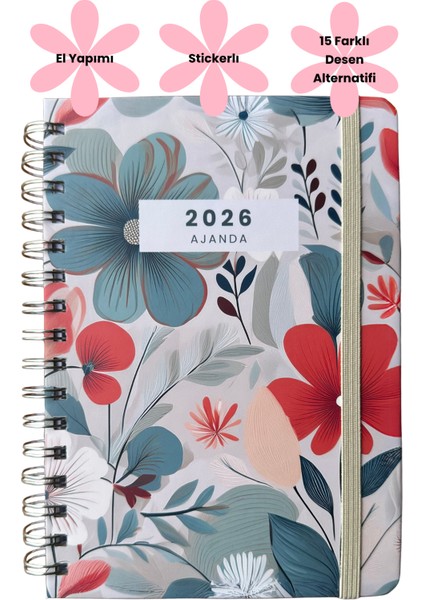 Isim Yazılabilir 2026 Haftalık Ajandası - El Yapımı, 2 Sayfa Stickerlı, Gelincik modelleri