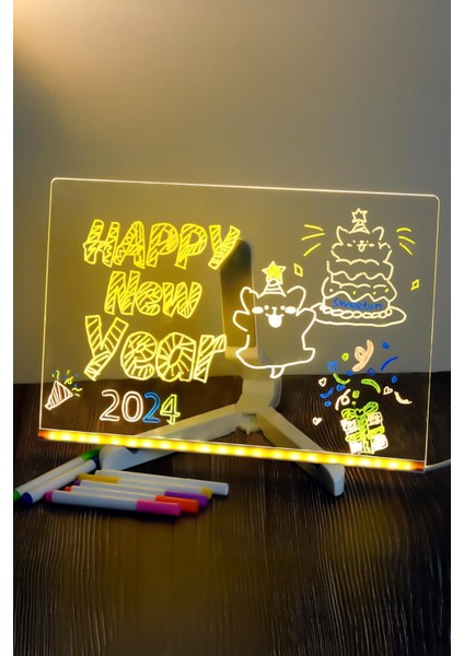 LED Işıklı Akrilik Yazı Tahtası 11X8 Inç Renkli Kalemli Ayarlanabilir Standlı Silinebilir Not Panosu