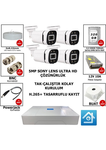 5MP SONY LENS 4 Kameralı Güvenlik Seti | 100m Kablo | 30m Gece renkli Görüş | XMeye fiyatları