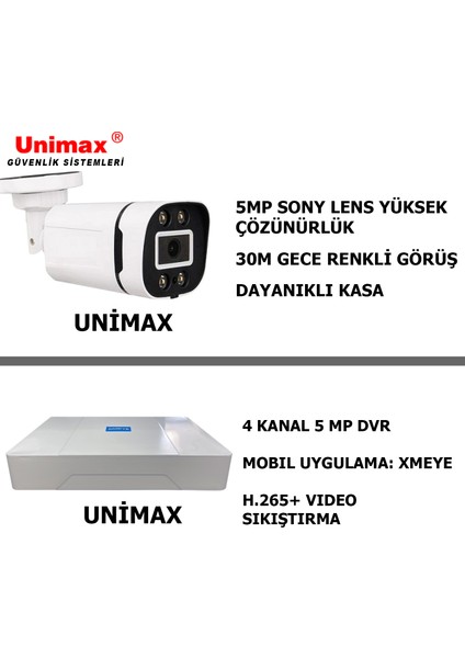 5MP SONY LENS 4 Kameralı Güvenlik Seti | 100m Kablo | 30m Gece renkli Görüş | XMeye indirimleri