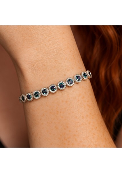 Gümüş Yeşil Zirkon Taşlı 925 Ayar Kadın Bileklik | Doğum Günü, Sevgililer Günü, Anneler Günü, Yıldönümü Hediyesi 19.5 cm