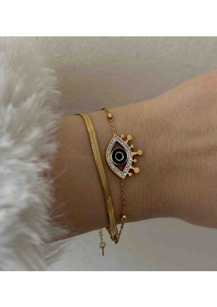 Gold Italyan Zincir Ikili Zincir Göz Detaylı Çelik Bileklik