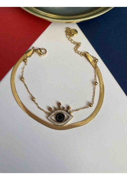 Gold Italyan Zincir Ikili Zincir Göz Detaylı Çelik Bileklik fiyatları