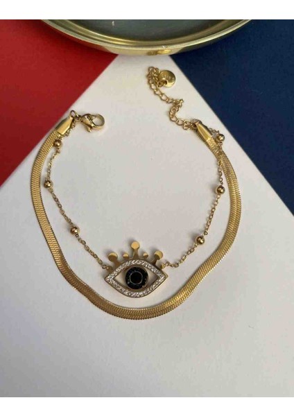 Gold Italyan Zincir Ikili Zincir Göz Detaylı Çelik Bileklik modelleri