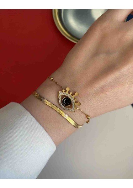 Gold Italyan Zincir Ikili Zincir Göz Detaylı Çelik Bileklik fırsatları