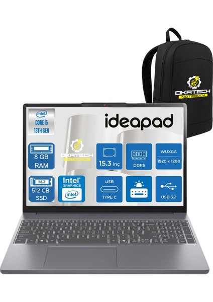 Ideapad Slim 3 İ5-13420H 8 GB Ram 512 GB SSD UHD 15.3" Wuxga WİN11PRO Notebook+Okatech Çanta