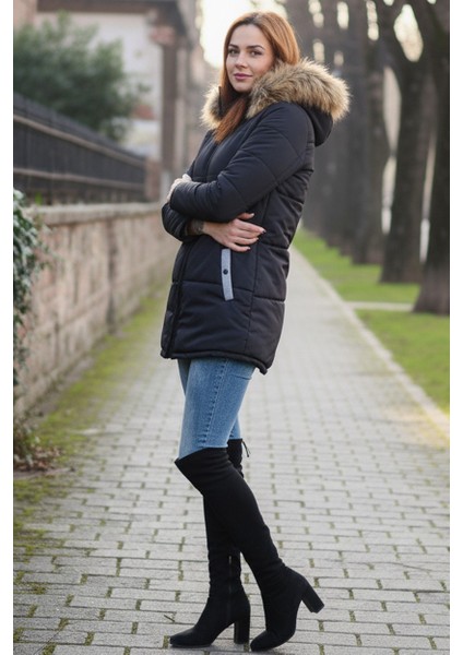 Kışlık Kapüşonu Suni Kürklü Şık Orta Boy Kadın Siyah Mont fiyatları
